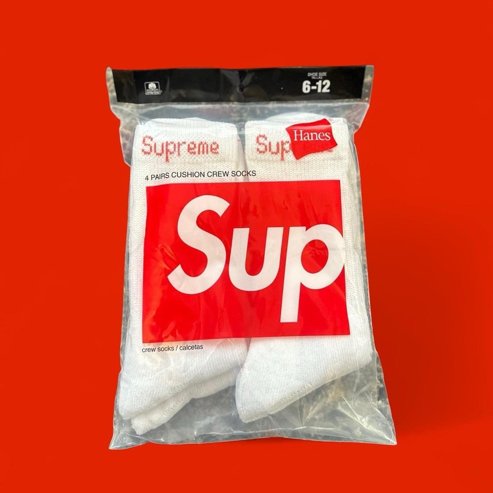 Hanes White Crew Socks with Red Supreme Logo - Pack